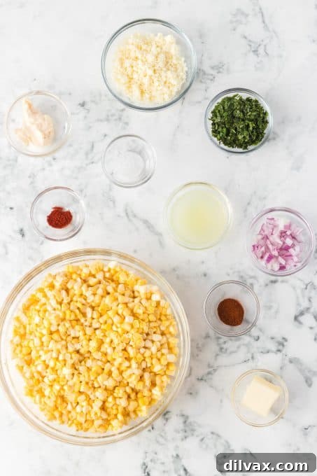 One-Pan Mexican Street Corn 5 Ingredients laid out for Skillet Mexican Street Corn preparation