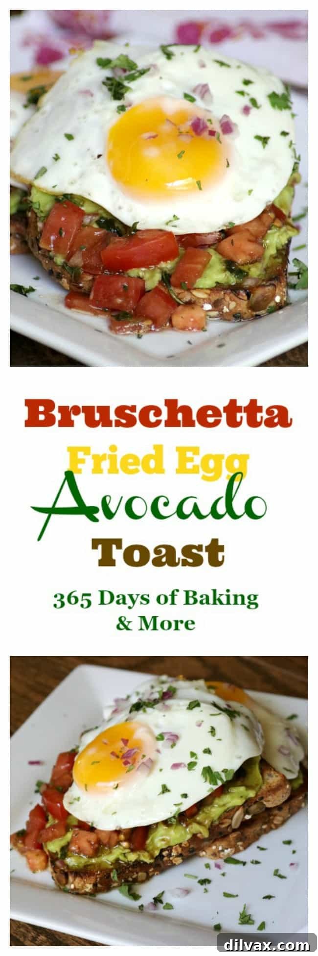 Three slices of Bruschetta Fried Egg Avocado Toast stacked, showing whole grain bread, mashed avocado, marinated tomatoes, and a fried egg with a perfectly set yolk.