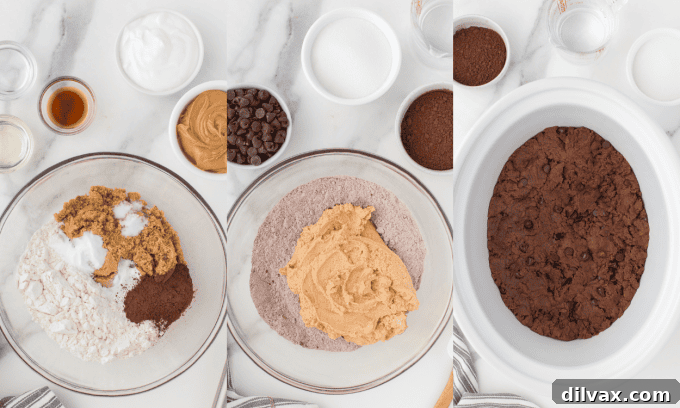 Decadent Peanut Butter Chocolate Pudding Cake 5 First steps of mixing ingredients for Slow Cooker Chocolate Pudding Cake