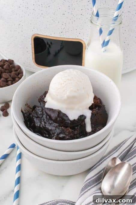 Decadent Peanut Butter Chocolate Pudding Cake 9 Close up of a spoon digging into slow cooker pudding cake
