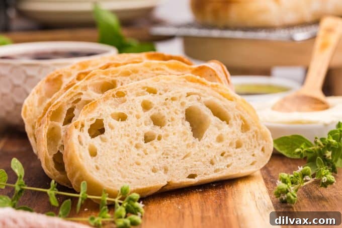 Slices of freshly baked Ciabatta Bread, showcasing its characteristic open crumb.