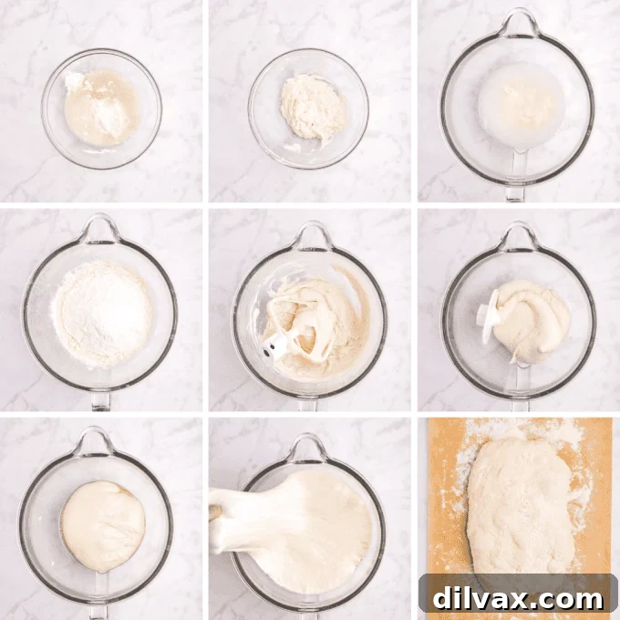 Step-by-step process photos showing Ciabatta Bread dough being mixed in a stand mixer.