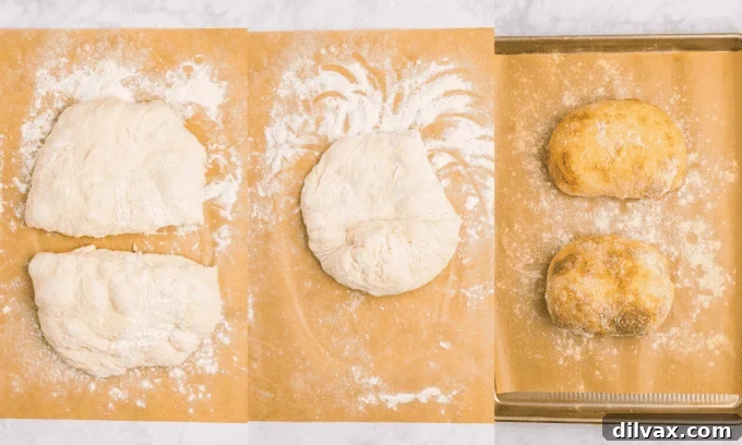 Process photos demonstrating the stretch and fold technique for Ciabatta dough.