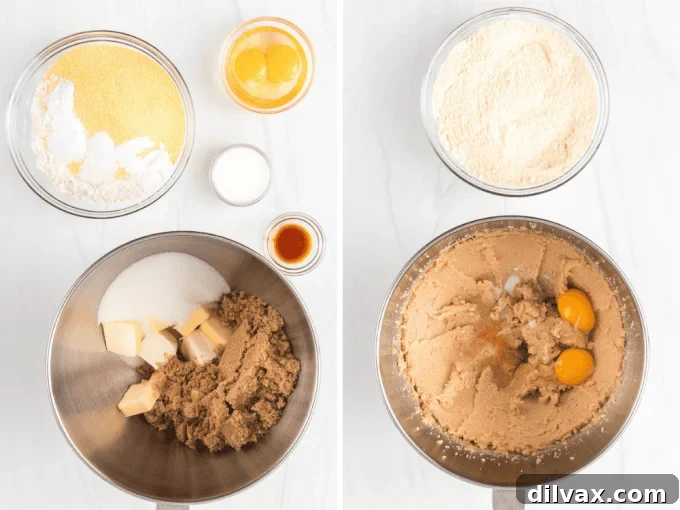 Sequential process photos demonstrating the mixing of ingredients to form the Cornmeal Cookie dough.