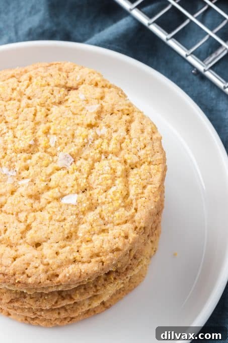 A close-up shot of a Cornmeal Cookie adorned with glistening flakes of Maldon salt, emphasizing its texture.