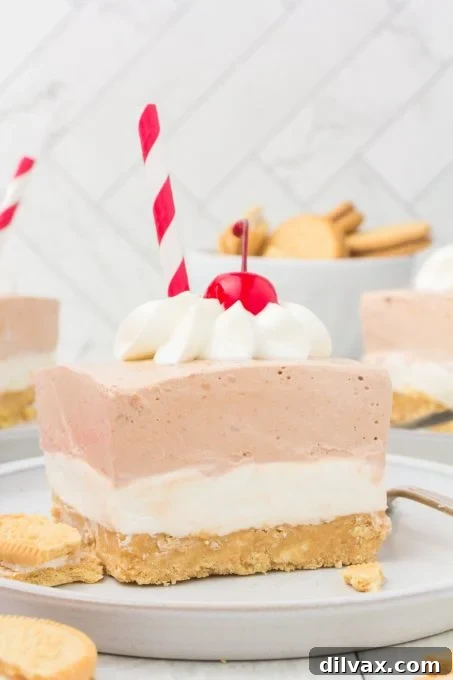 A red and white drinking straw sticking out of a no bake dream bar dessert.
