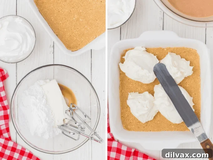 Two photos showing the process of making a cheesecake layer for a no bake dessert.