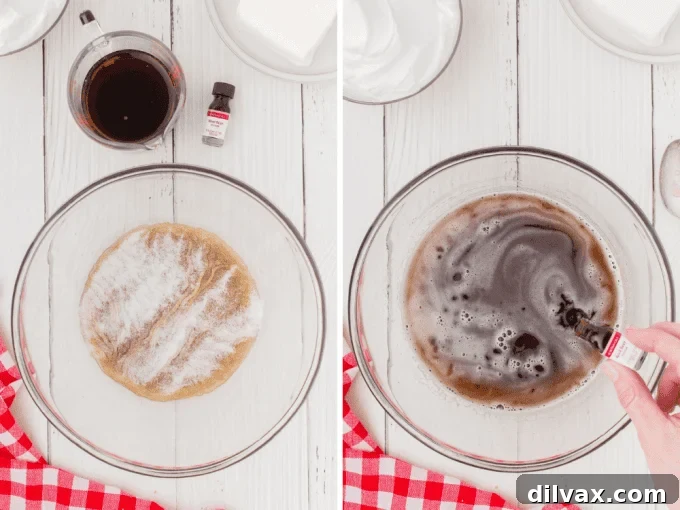 Two process photos for making root beer gelatin.