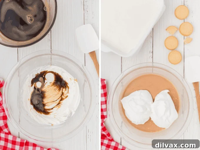 Two photos showing the process of making a creamy root beer layer for a dream bar dessert.