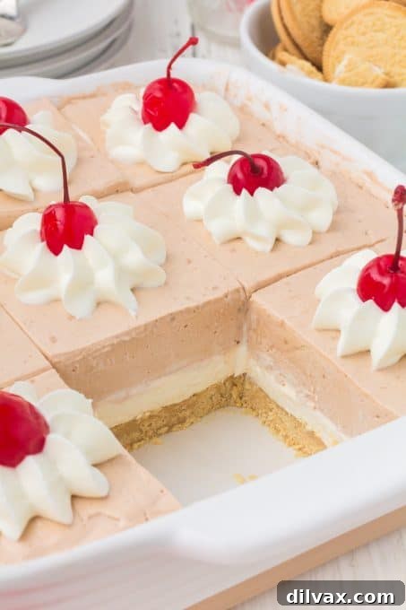 Looking into a pan with a slice taken out of Root Beer Dream Bars with whipped cream and cherries on top.