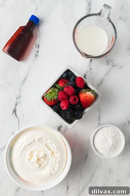 Ingredients for a Red, White, and Blue Cheesecake Salad.