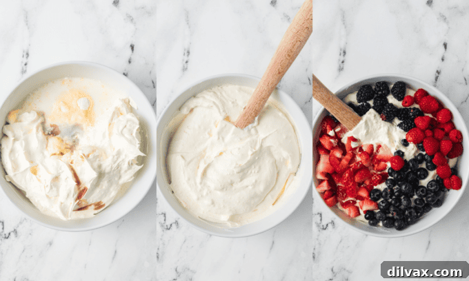 Process photos to make a Red, White, and Blue Cheesecake Salad.