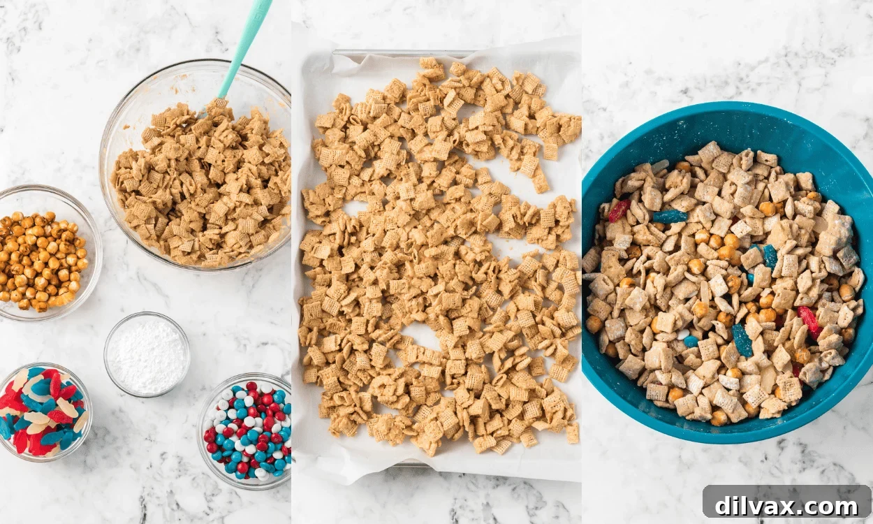 Three process photos showing how to make a patriotic snack mix.
