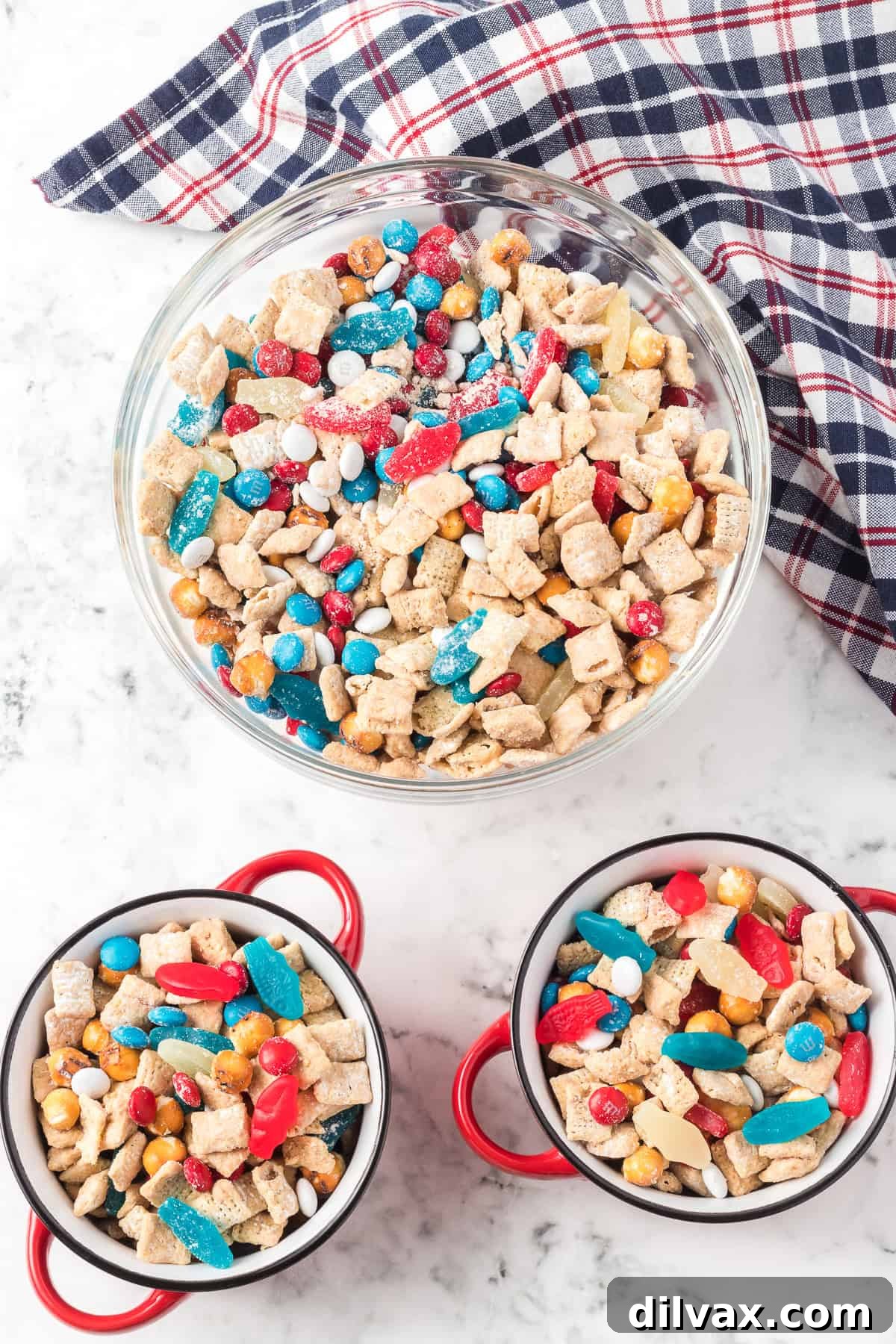 Patriotic candies in a cereal peanut butter snack mix.