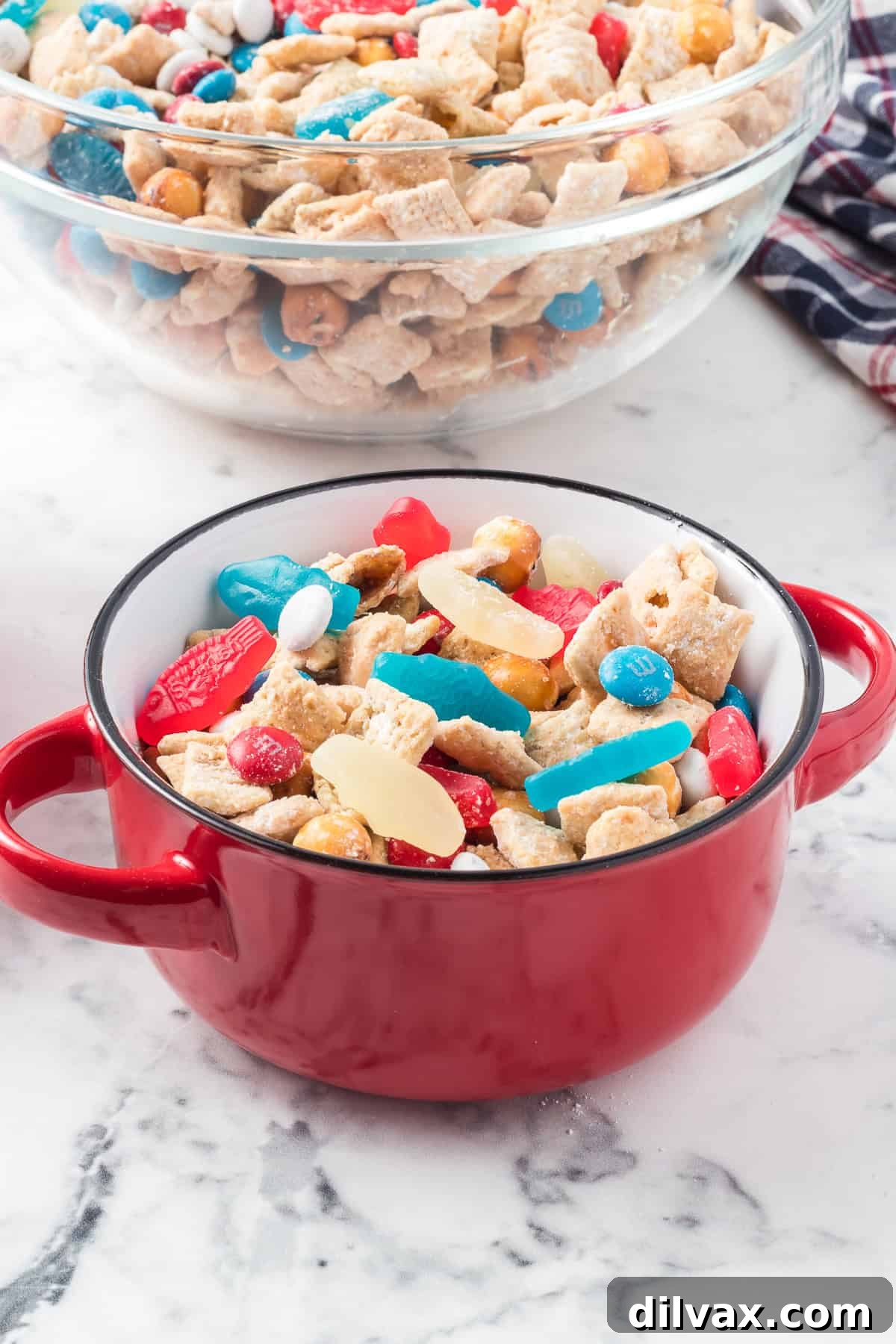 A bowl of red, white, and blue snack for Memorial Day and the fourth of July.