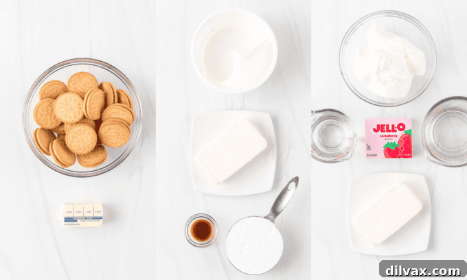 All the ingredients for no-bake strawberry shortcake bars laid out on a white surface.