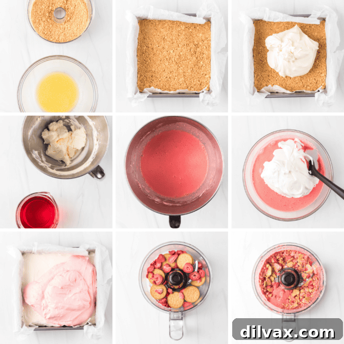 A collage of 9 photos showing the step-by-step process of making no-bake strawberry bars.