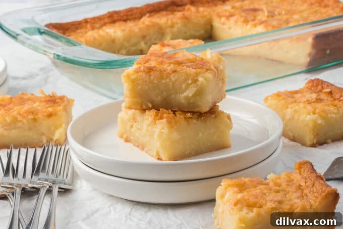 A pan of freshly baked Hawaiian Butter Mochi cut into squares.