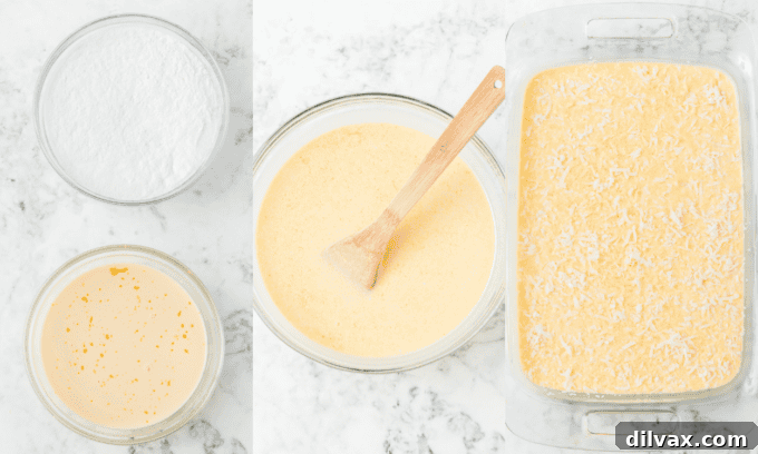 Step-by-step process photos for making Hawaiian Butter Mochi batter.