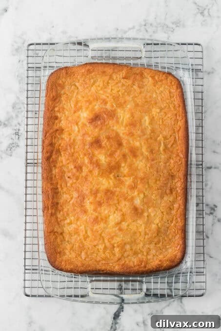 A full pan of baked Hawaiian Butter Mochi cooling on a wire rack.