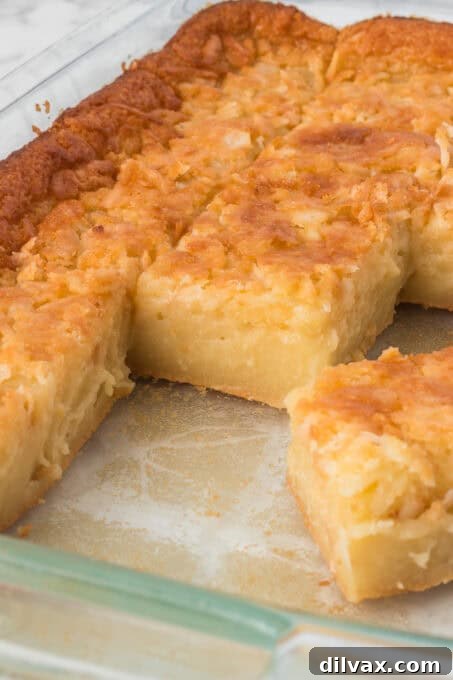 Overhead shot of sliced Butter Mochi in a baking pan.