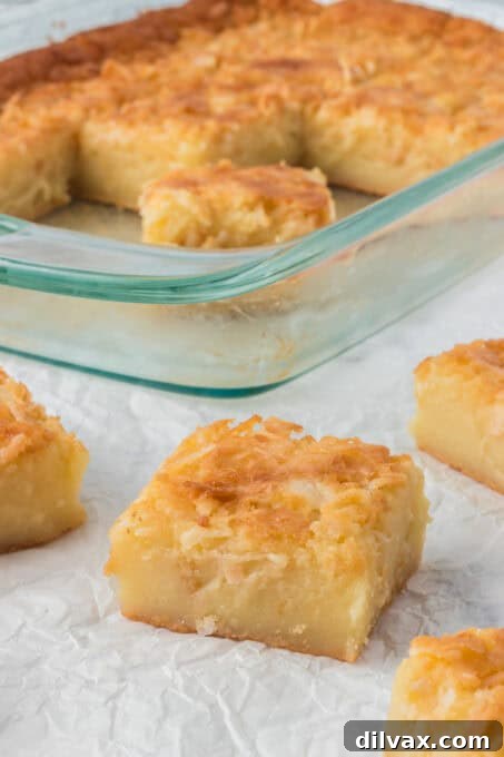 Close-up of butter mochi slices showing the chewy interior.