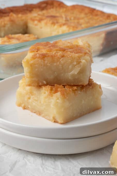 Side view of a stack of Hawaiian Butter Mochi squares.