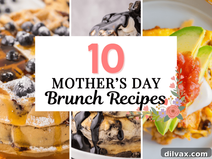 A collage of six delicious Mother's Day brunch recipes, including pancakes, scones, and a casserole.