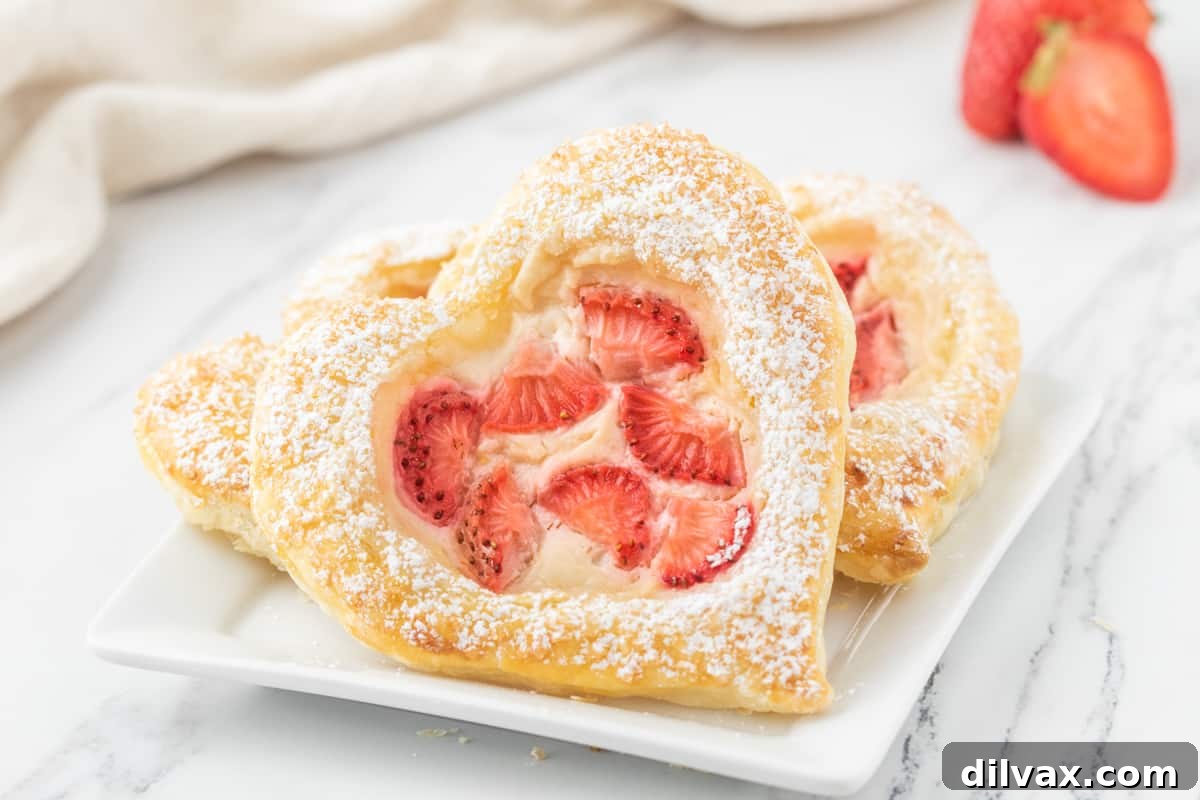 Heart-shaped Strawberry Danish pastries with a cream cheese filling, fresh from the oven.