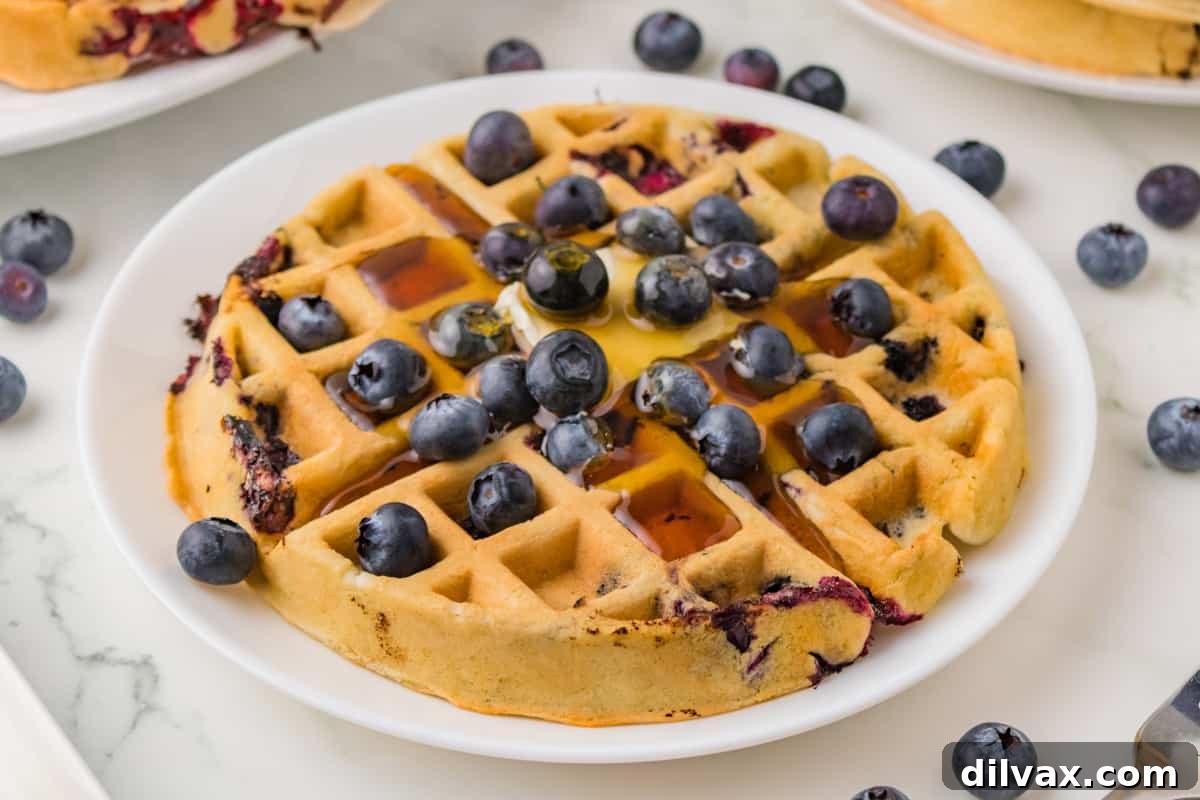 A plate of golden-brown Blueberry Waffles topped with fresh blueberries and a pat of butter.