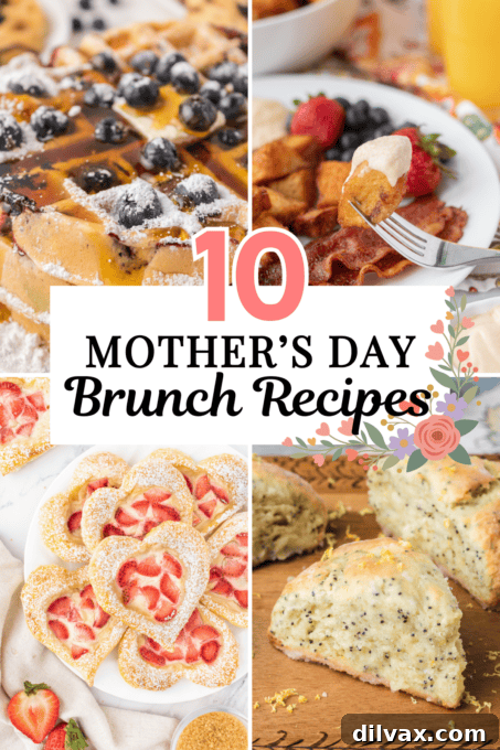 A collage of four savory and sweet Mother's Day brunch recipes, including a casserole and scones.