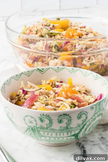 Bowls of coleslaw mix, mandarin oranges, chicken and pickled red onions mixed in a ginger dressing.