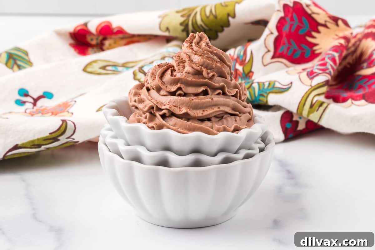 A dish of piped chocolate stabilized whipped cream.