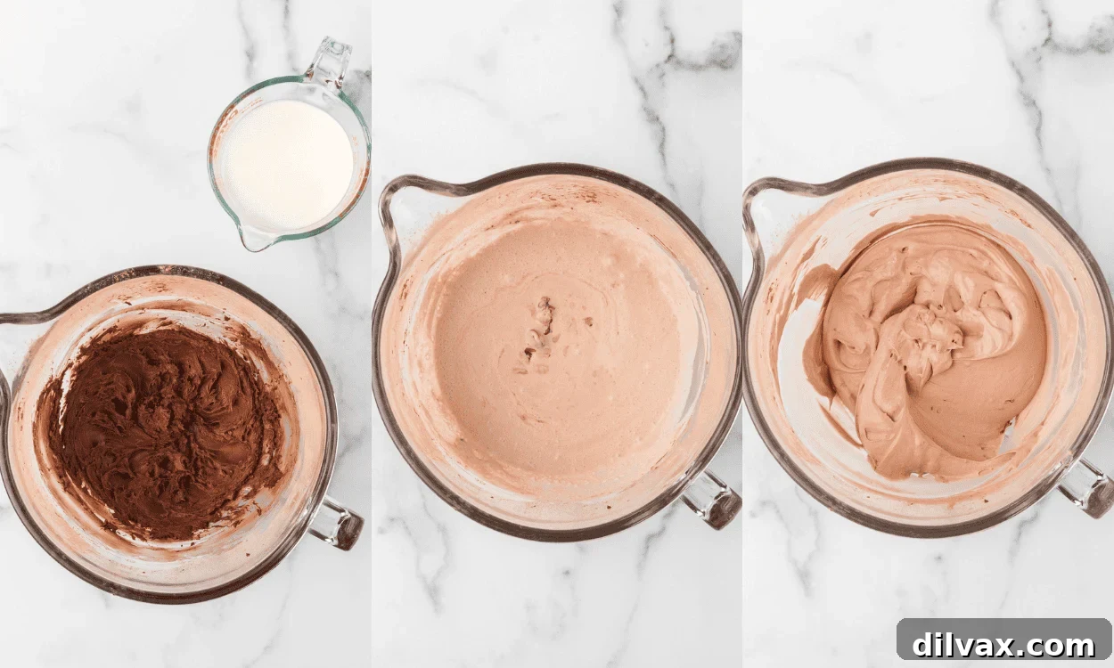 Three process photos showing how to make Stabilized Chocolate Whipped Cream.