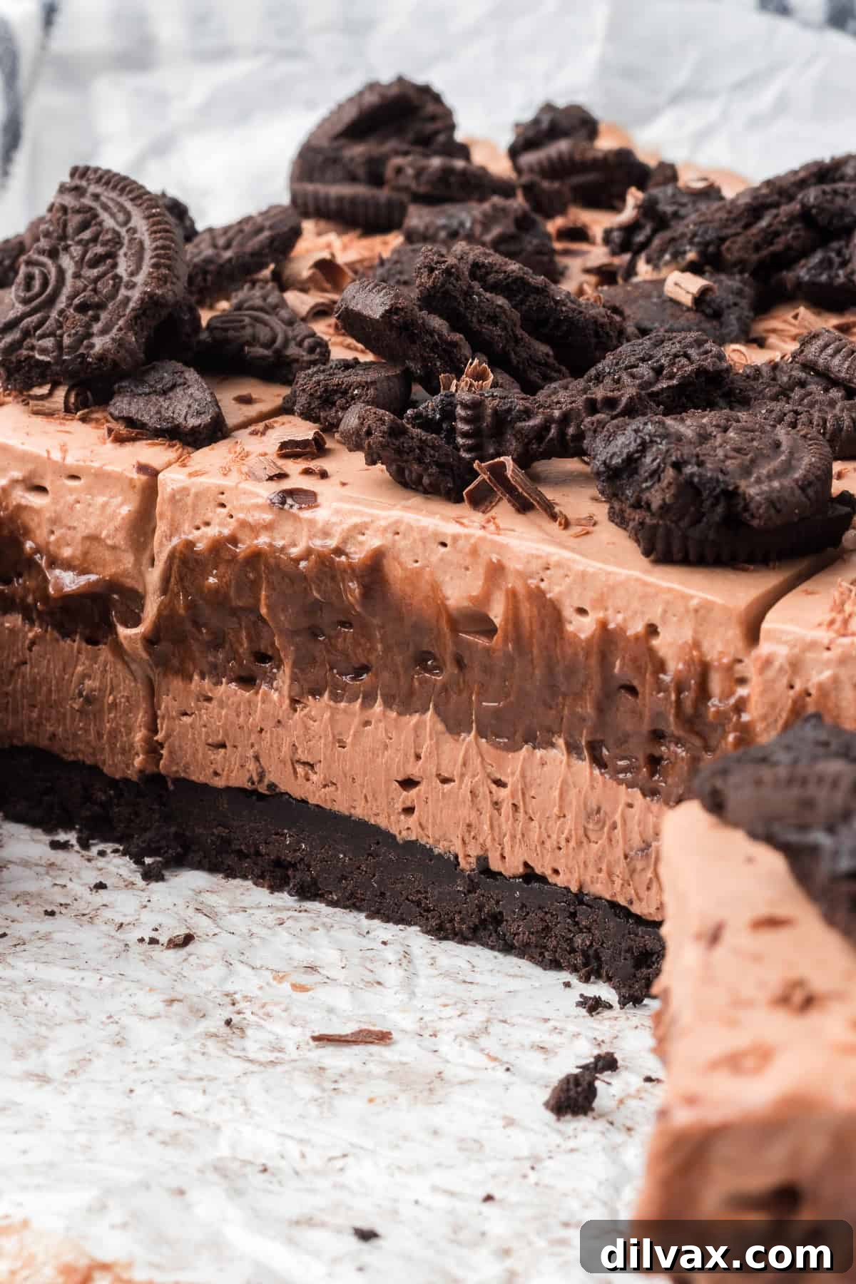 Layers of chocolate whipped cream, chocolate pudding, chocolate cheesecake on top of a chocolate Oreo crust.