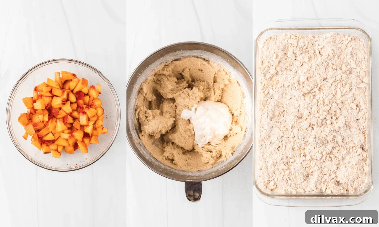 Process photos for how to make Crumb Cake with Peaches.