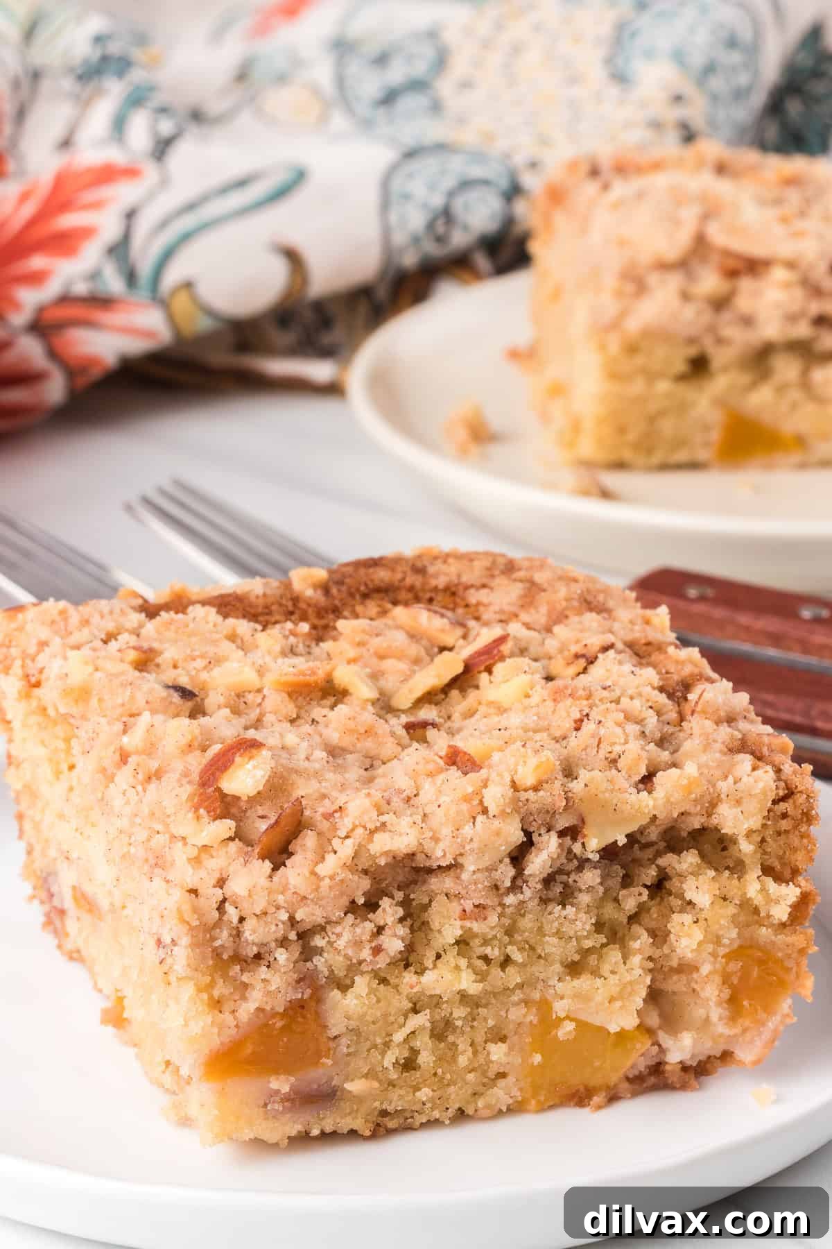 Delicious crumb cake featuring fresh peaches and a crunchy topping. Perfect for breakfast or dessert.