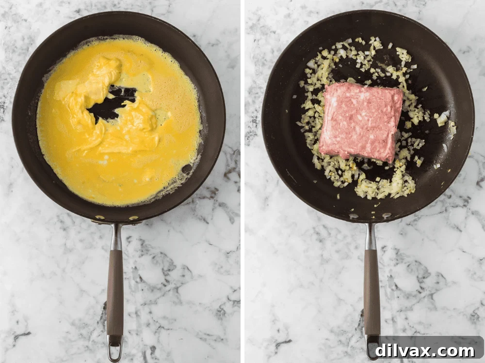 Scrambled eggs and cooking ground pork.