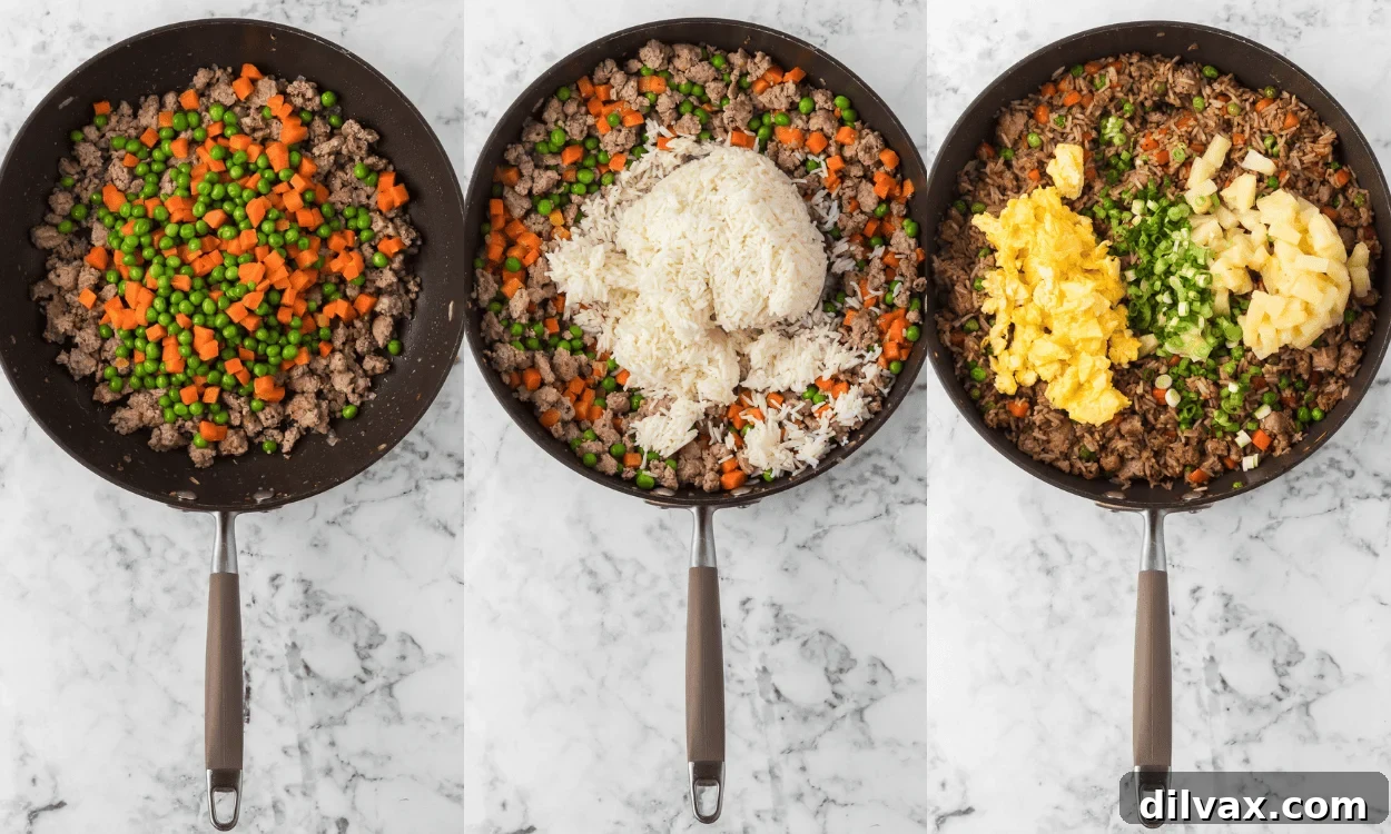 Process photos showing how to make fried rice with ground pork.